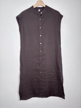 Crae Cove Brown Linen Button Down Sleeveless Midi Dress Size Small